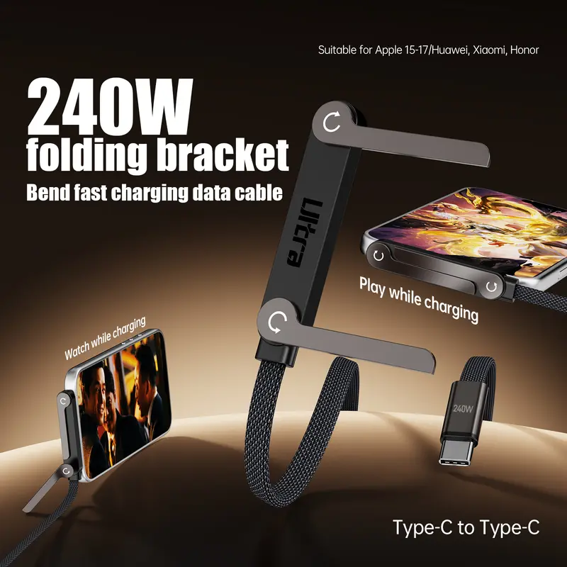 240W Speed Braided USB Type-C Fast Charge Cable - 2026 New Foldable Durable Side-Mounted 90-Degree Cord with Built-in Phone Stand (1 PCS)