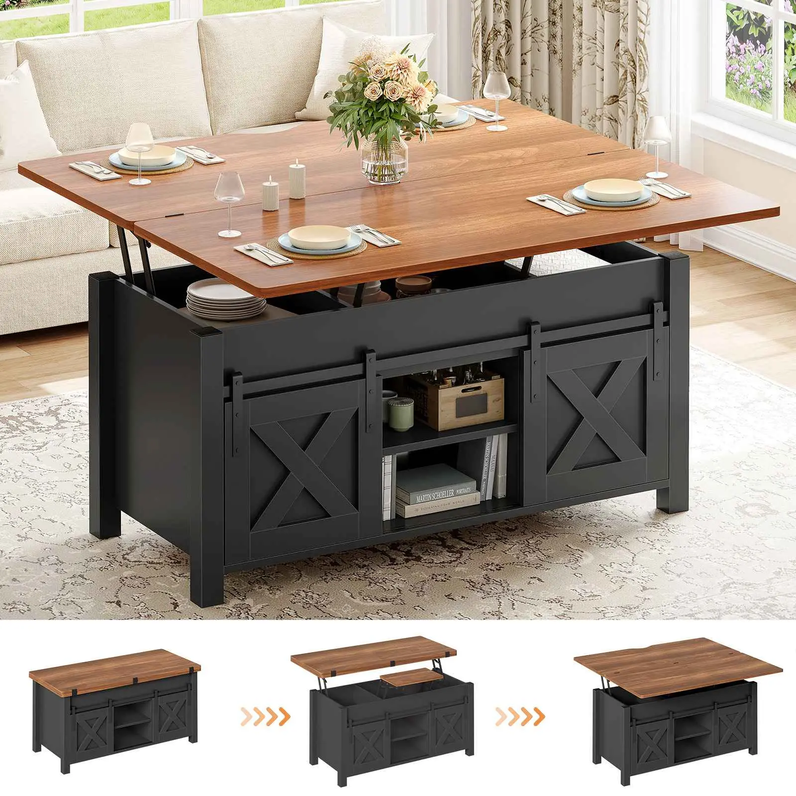 SEDETA Lift Top Coffee Table, 4 in 1 Multi-Function Convertible Coffee Tables with Storage and Hidden Compartment, Farmhouse Coffee Table Converts to Dining Table for Living Room