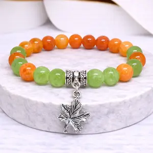Orange Chalcedony and Green Peridot Stone Maple Leaf Charm Bracelet 8mm Natural Crystal Beads Handmade Healing Energy Jewelry