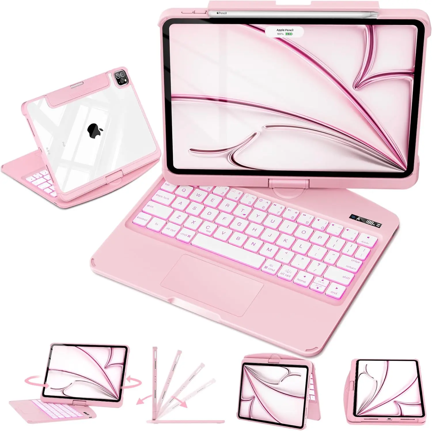 Fashionable Solid Color Series iPad KeyboardCase– Compatible with All iPad Modelreleased from 2018 to 2025, 360° Rotating Multi-Touch Trackpad, RGB Backlit Keyboard, Transparent Back, Apple Pencil Holder, Type-C Charging
