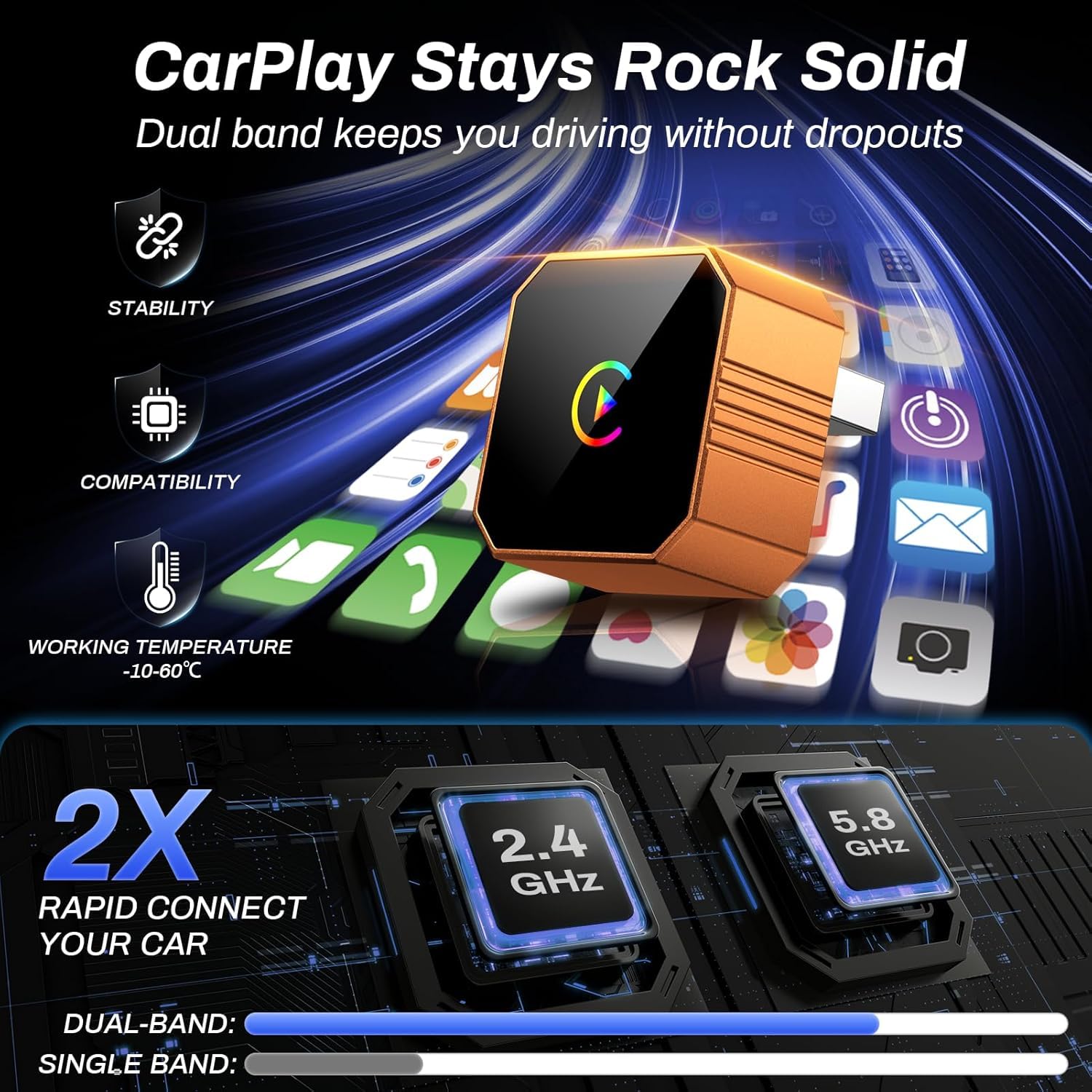 2-in-1 Wireless CarPlay for iPhone – Upgraded 2026 with Fast Auto-Connect and 5.0GHz WiFi, Premium Wired-to-Wireless CarPlay & Android Auto, Plug-and-Play, Car Subwoofer Compatible with iPhone iOS 10+