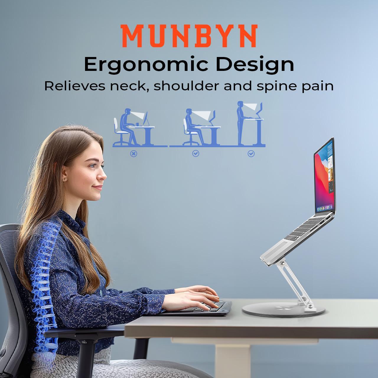 MUNBYN Laptop Stand with 360 Rotating Base Adjustable Portable Aluminum Laptop Stand, 2-in-1 Multifunctional Laptop Stand for desk & Gaming laptop & Mobile stand,Gray gear computer