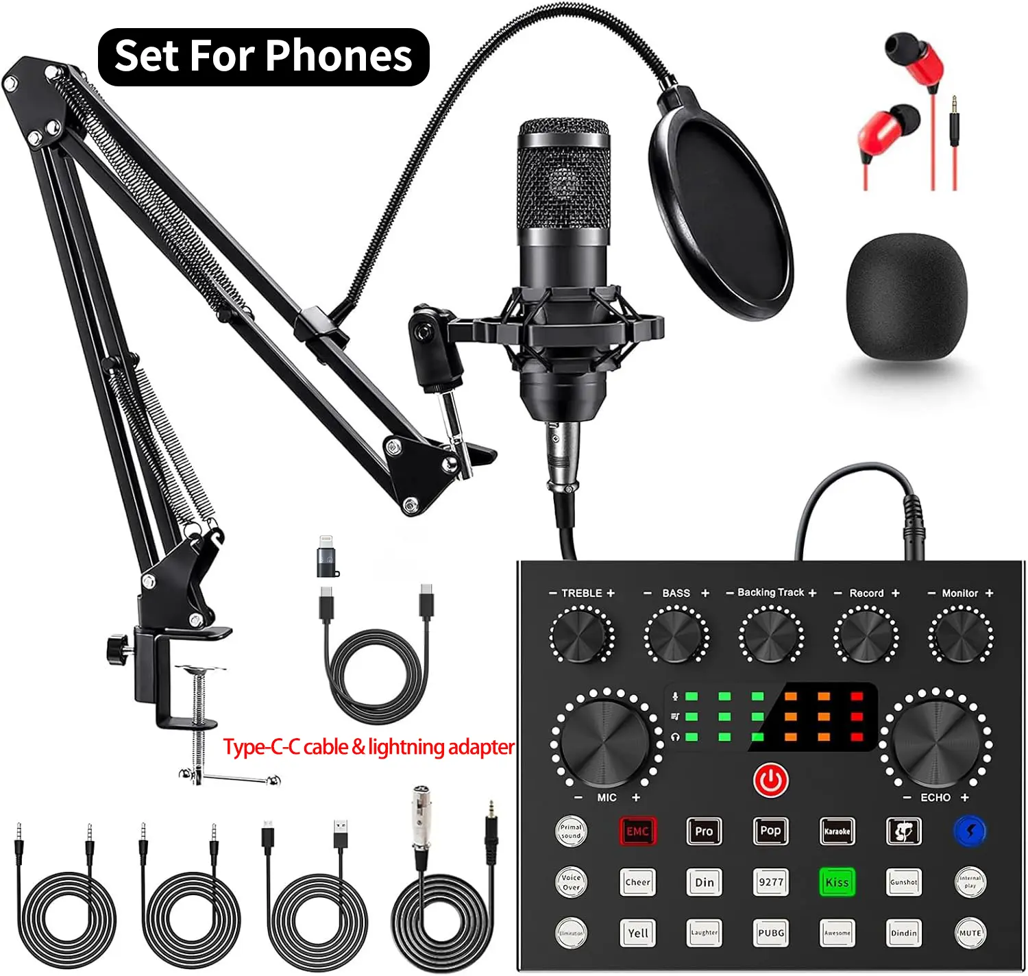ZealSound V8S Podcast Equipment Set for iphone, laptop, PC, Mobile, Tablet, phones, ipad, USB-C Audio Interface, Live Streaming Microphone, Sound Card, Headphones, Voice Changer, Lightning Adapter, Studio Monitor for TikTok, YouTube, Twitch Cable