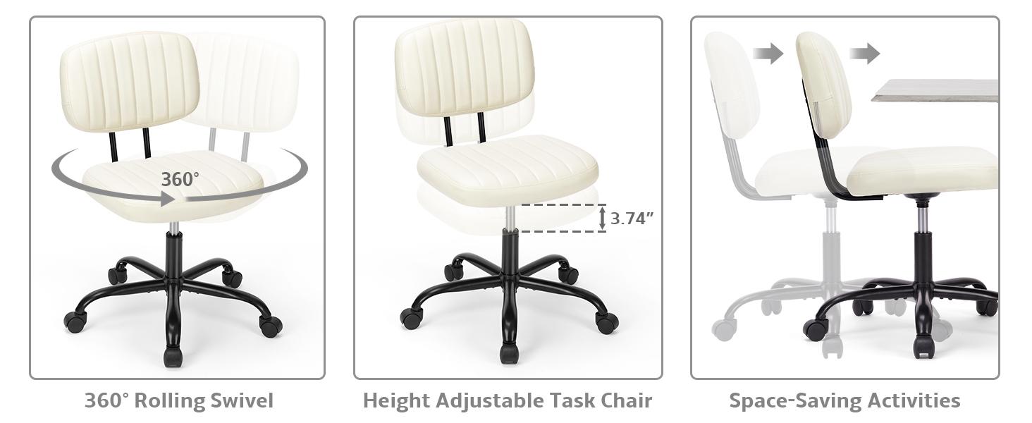 Modern Height Adjustable Small Office Desk Chair with WheelsComfy Armless PU Leather Rolling Swivel Task Chair Perfect for Adults, Students, Bedrooms, Homes, and Vanities