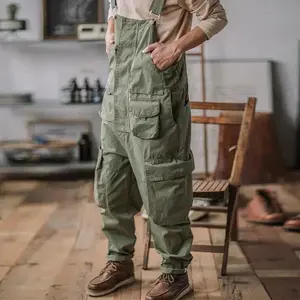 Men's Green Cotton Bib Overalls Loose Baggy Full Length Jumpsuit with Suspenders Four Seasons Wear Soft Comfortable Easy to Match Daily Casual Menswear