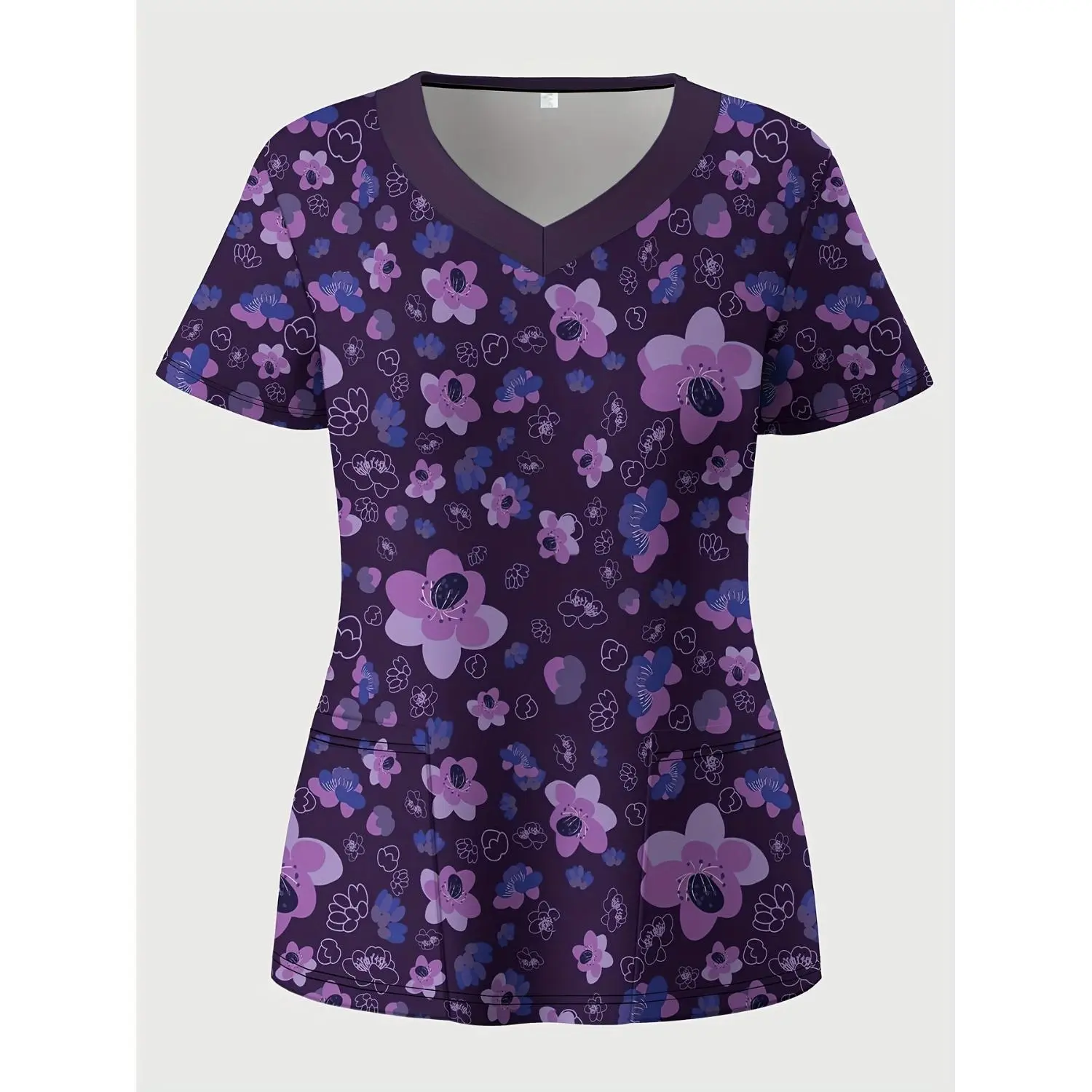 3D Floral Print V-Neck Top with Double Pockets - Plus Size, Short Sleeve Nurse Uniform, Women's Plus Size Clothing and Accessories