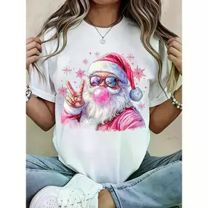 Funny Santa Claus Blowing Bubble Gum Christmas T-Shirt For Women, Casual Holiday Graphic Tee With Sunglasses And Peace Sign, Festive Xmas Top For Party Or Gift