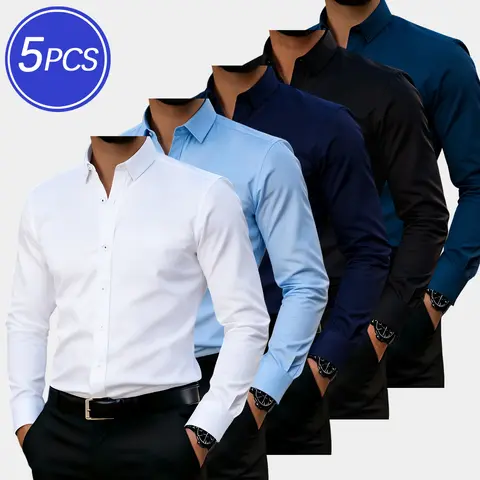 Men's 5-Pack Slim Fit Wrinkle-Resistant Formal Button Dress Shirts - 60% Polyester 40% Cotton, No-Iron Top, Long Sleeve, White+Light Blue+Dark Blue+Black+Blue 2, Fitted for Office Work, Wedding Events