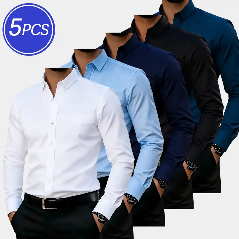 Men's 5-Pack Slim Fit Wrinkle-Resistant Formal Button Dress Shirts - 60% Polyester 40% Cotton, No-Iron Top, Long Sleeve, White+Light Blue+Dark Blue+Black+Blue 2, Fitted for Office Work, Wedding Events