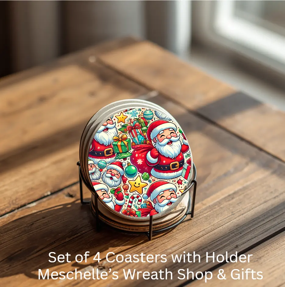Ceramic Santa Christmas House Round Coasters Set of 4 with Metal Holder, Kitchen Tableware for Coffee Cups