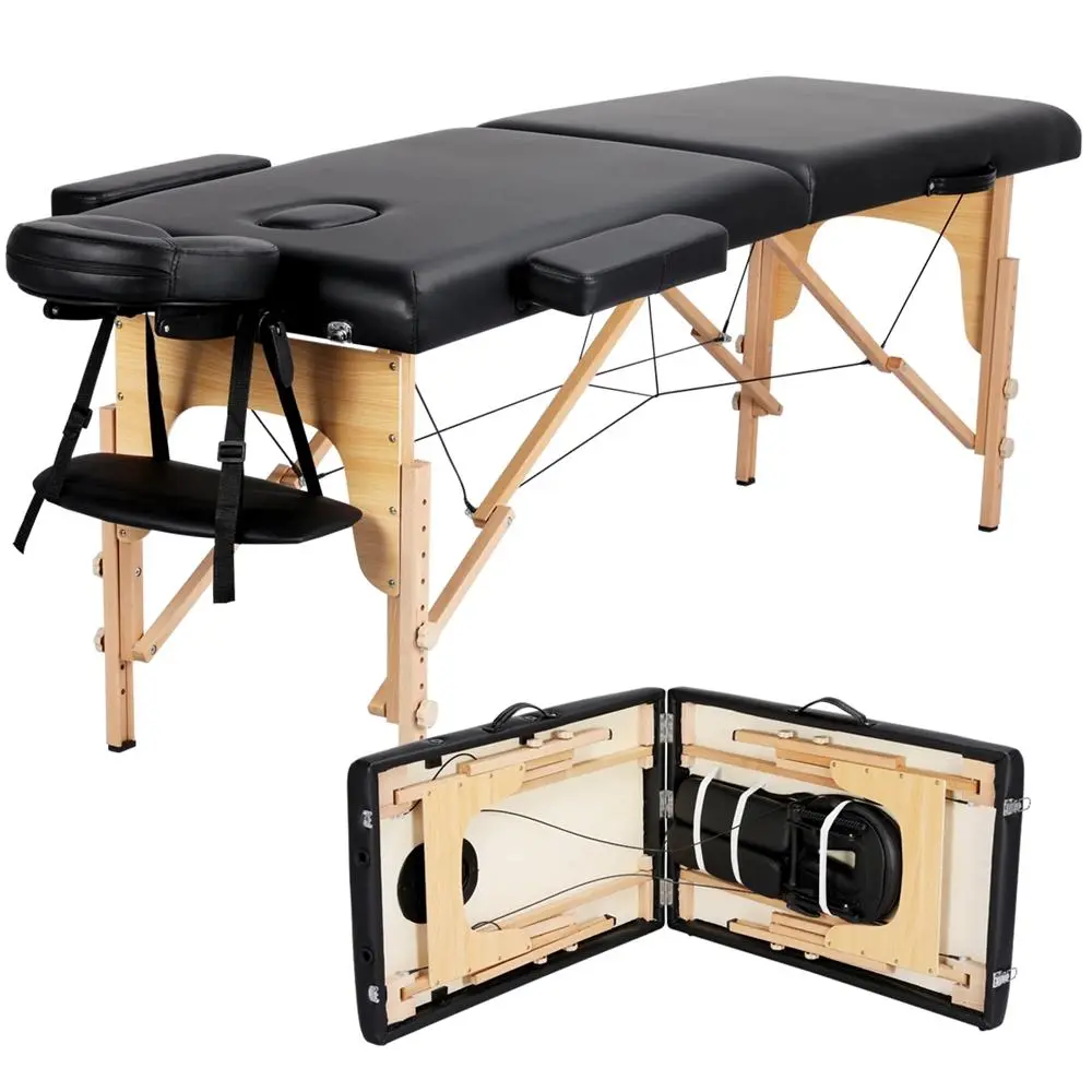 Costoffs Professional 2-Section Foldable Beech Wood-Foam Massage Bed, Heavy Duty Salon Furniture Spa Table with Adjustable Headrest, Armrest, Legs, 551.2 lb Capacity for Therapists, Beauty Salon Equipment