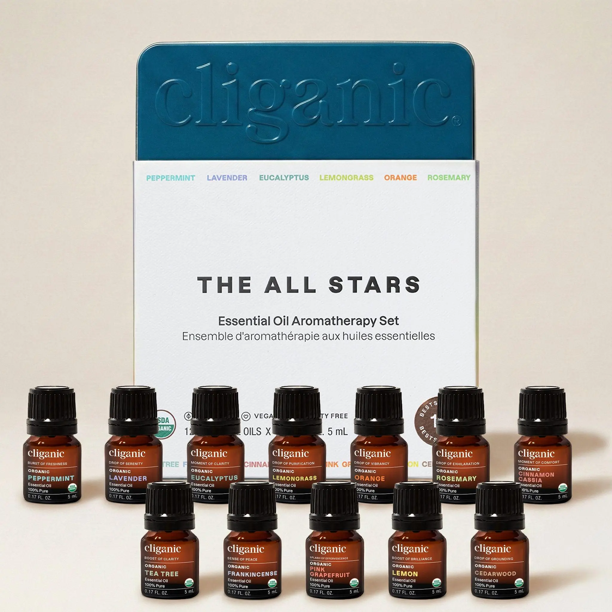 Cliganic Essential Scented Oils Set Organic (Top 12) - 100% Pure - Peppermint, Lavender, Eucalyptus, Tea Tree, Lemongrass, Rosemary, Frankincense, Orange, Lemon, Cassia, Cedarwood & Grapefruit