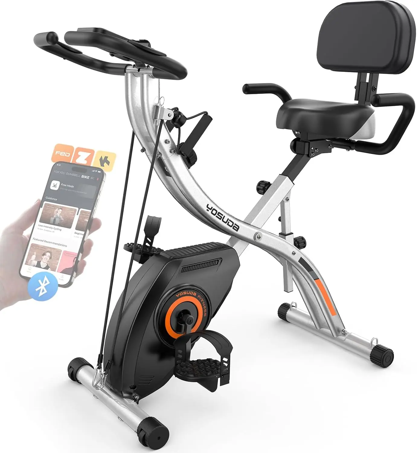 FED Fitness Yosuda Series EB4 Exercise Bike - 5 IN 1 Foldable Stationary Bike for Home Gym Workout, Upgraded Indoor Cycling Bikes with 6.6 LBS Flywheel, 380 LBS Capacity and 16-Level Magnetic Resistance, Back Support Cushion【live only】