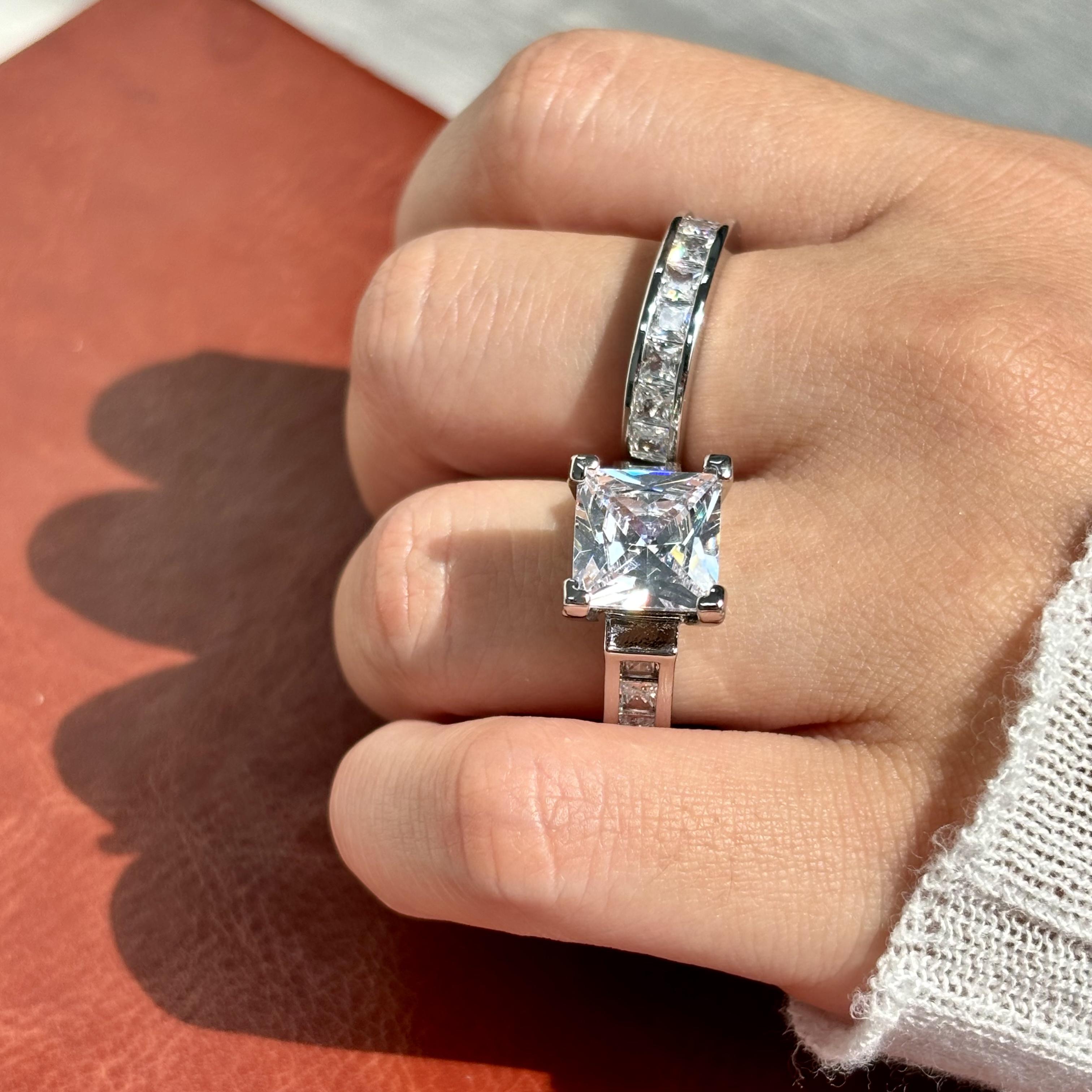 JJ CHIC Two-Piece Square Ring Set for Women, Princess Cut Deluxe CZ Ring - Ideal for Engagement and Wedding, Personal Statement Jewelry or Gift