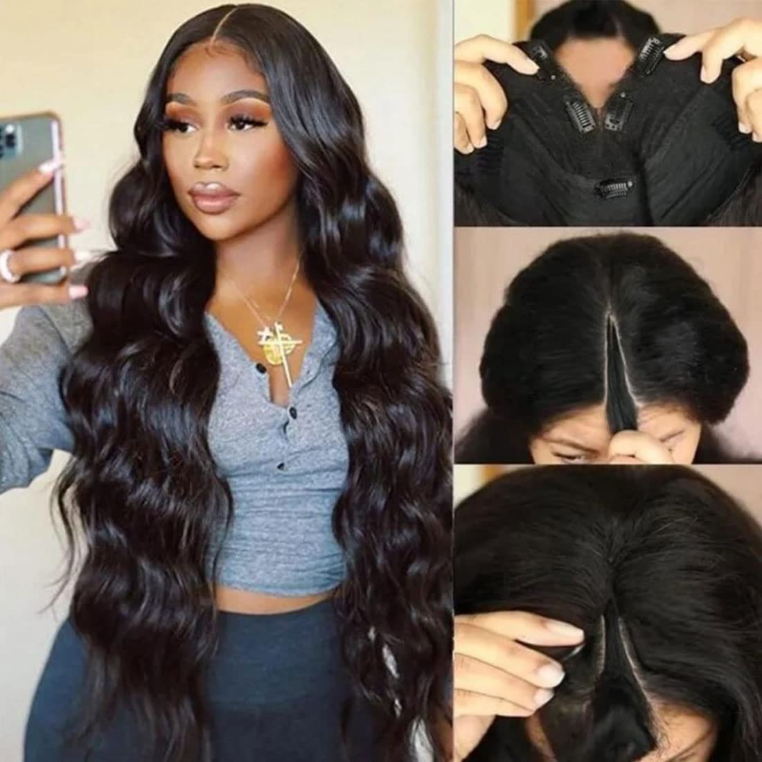 【Updated with Drawstring】Mamushow V Part Wigs With Invisible Strap Drawstring 100% Human Virgin Hair Body Wave Glueless Wig 180% Density Curly Wigs Natural Black