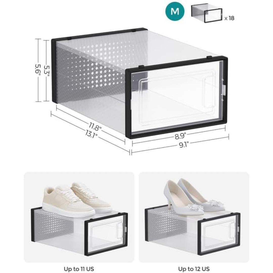 SONGMICS Pack of 12 Shoe Storage Organizers, Clear Plastic Boxes for Closet, Sneakers, 9.9 x 13.7 x 7.4 Inches, Fit up to US Size 13