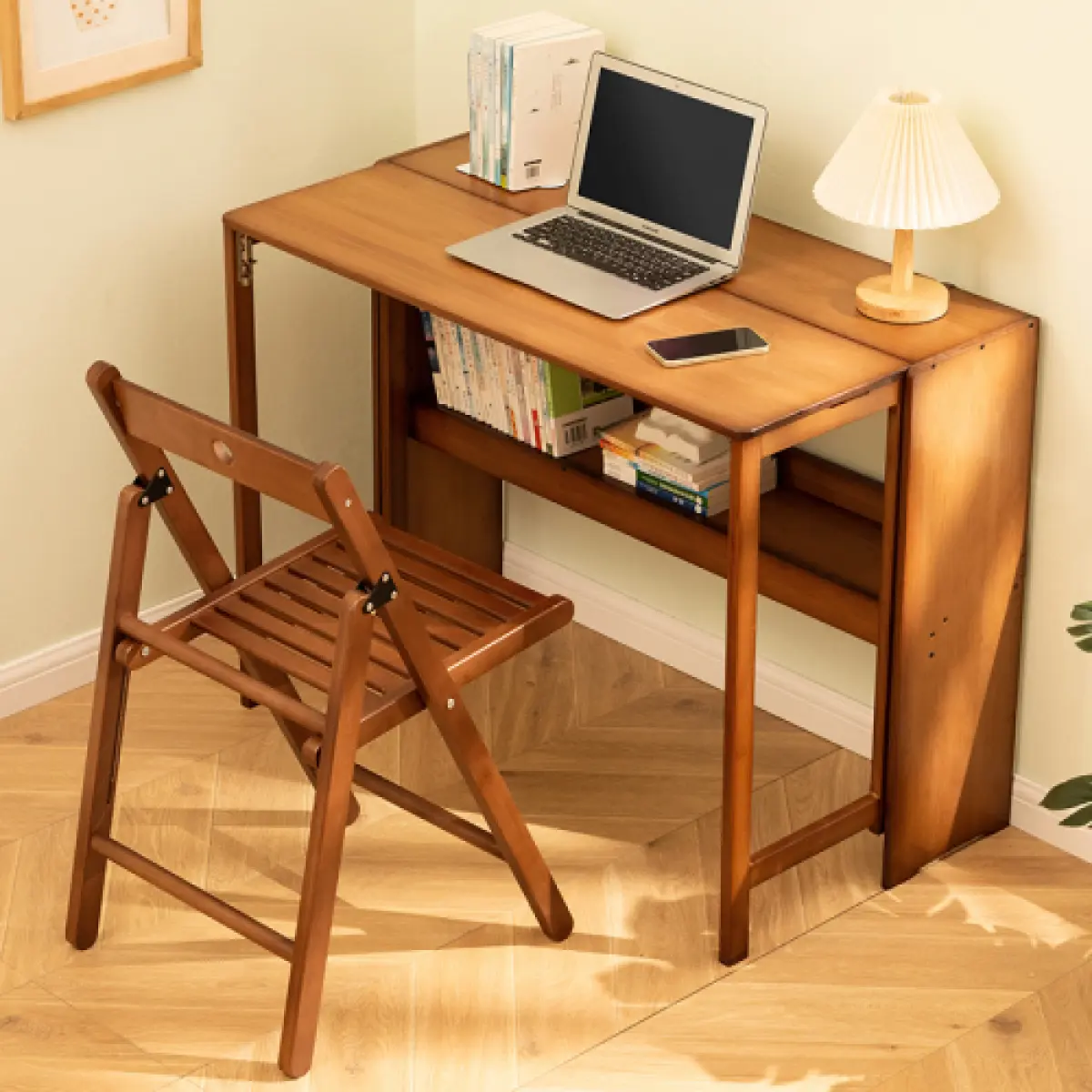 Brown Bamboo Foldable Desk - Sturdy Multi-Purpose Laptop Desk with Storage, Modern Space-Saving Office Furniture for Home Office Bedroom Small Spaces, Foldable Laptop Desk