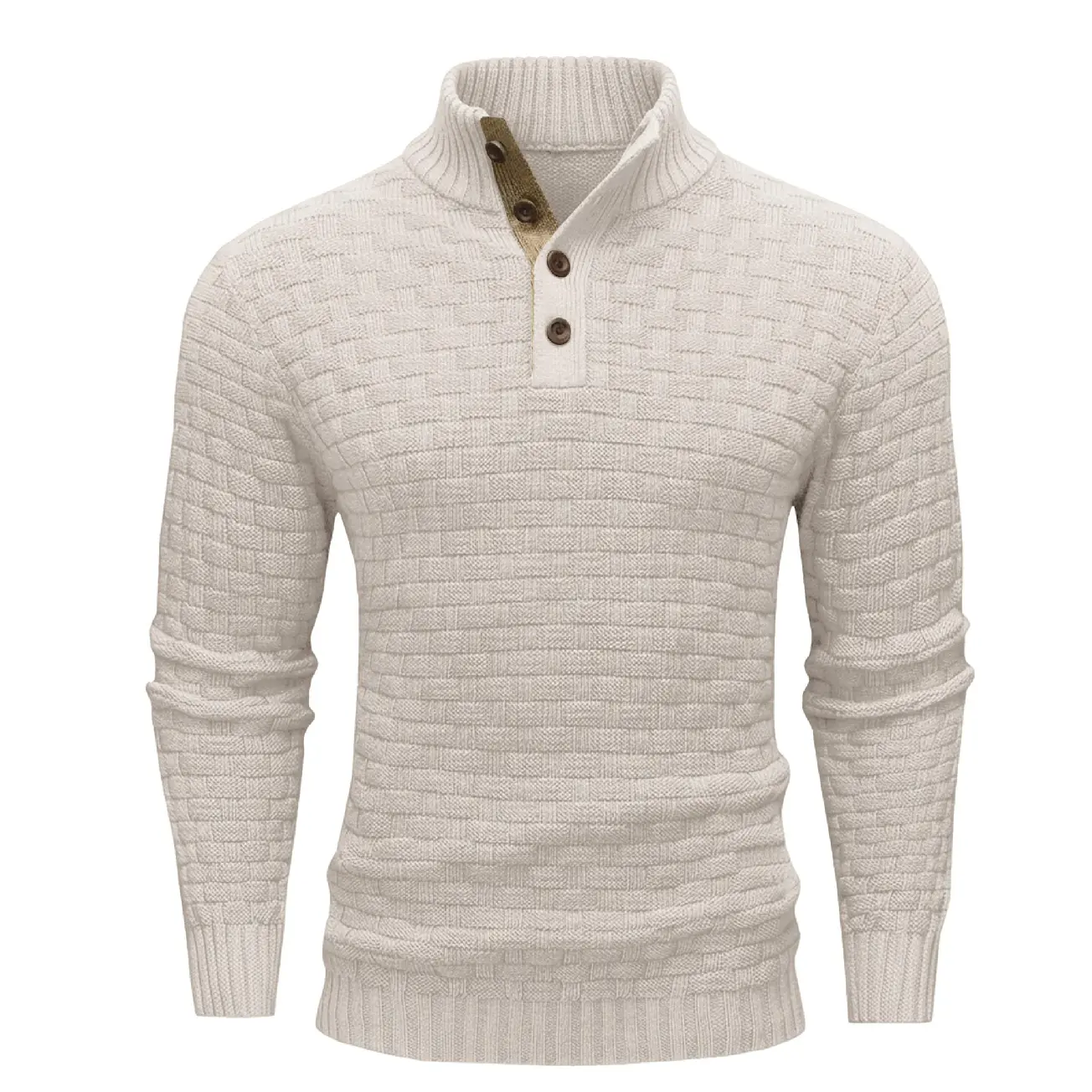 Men’s Polyester Waffle Knit Half-Zip + Button Front Pullover Sweater, Long-Sleeve Textured Casual Top with Ribbed Cuffs, Hand Wash Only for Autumn-Winter Layering, Elegant, Adjustable Fit, Front Buttons, Knitwear, Textured Knitted, Menswear
