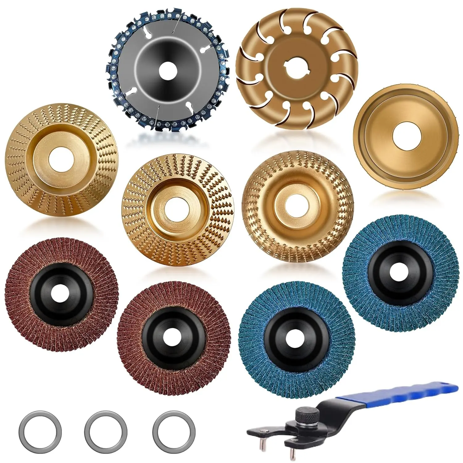 11PCS Wood Carving Disc Set for 4" or 4 1/2" Angle Grinder, Stump Tool Grinding Wheel Disc with 5/8" Adapter Ring, Woodworking Grinder Attachment for Cutting Shaping Carving Sanding Polishing disco decorte Flap Disc Carbon Steel tools tools for mechanics