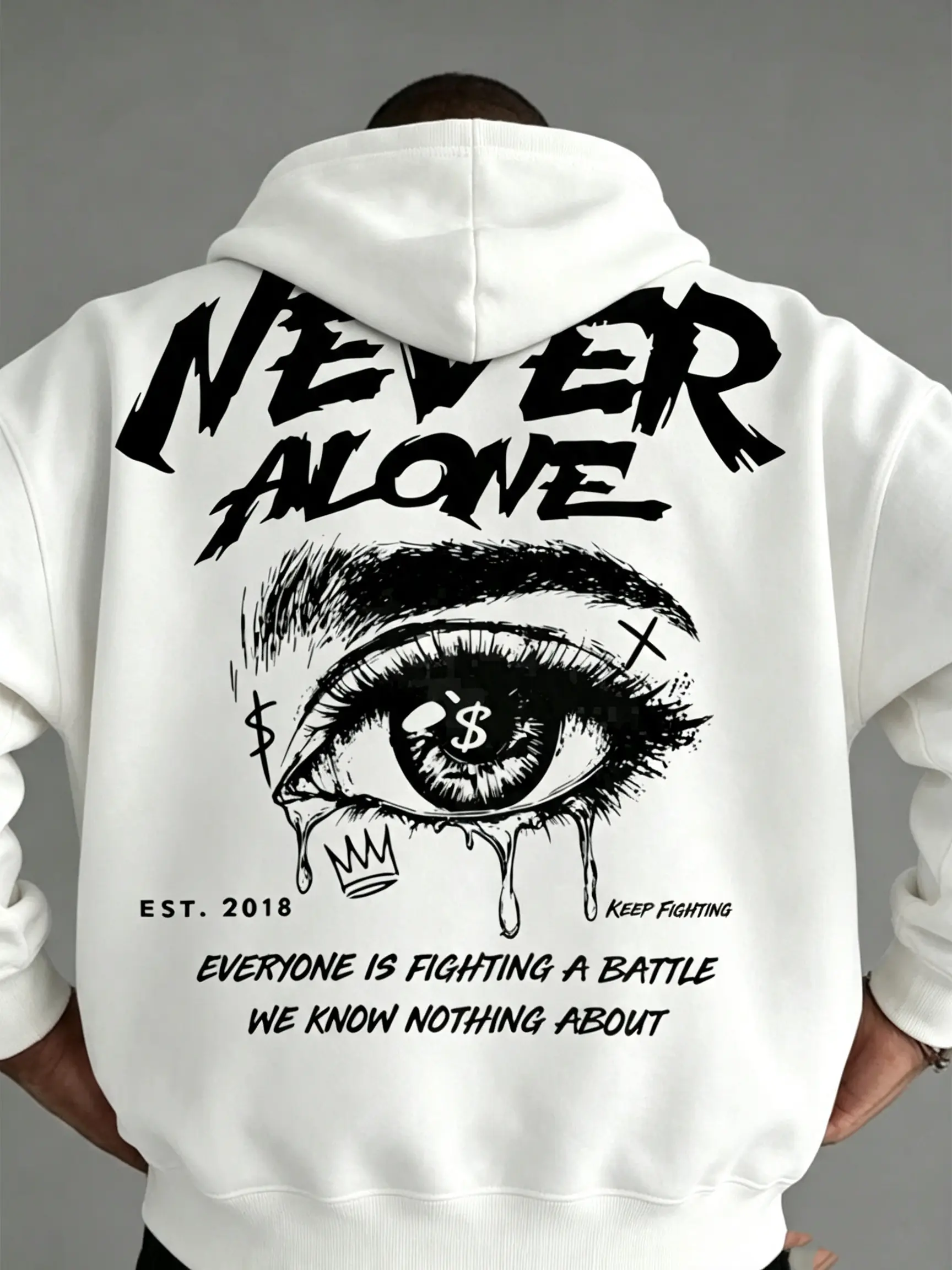 Men's Ribbed Fabric Long-Sleeve Pullover - Crewneck/Hoodie Options, Loose Elastic Hem, Plus-Size Dark Grunge Punk Hip Hop Streetwear, Cargo-Inspired Casual Tops with "NEVER ALONE" Graphic Back Print for Back-to-School