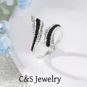 S925 sterling silver  Elegant adjustable opening ring, synthetic black zircon, delicate like feathers, gift declaration ring