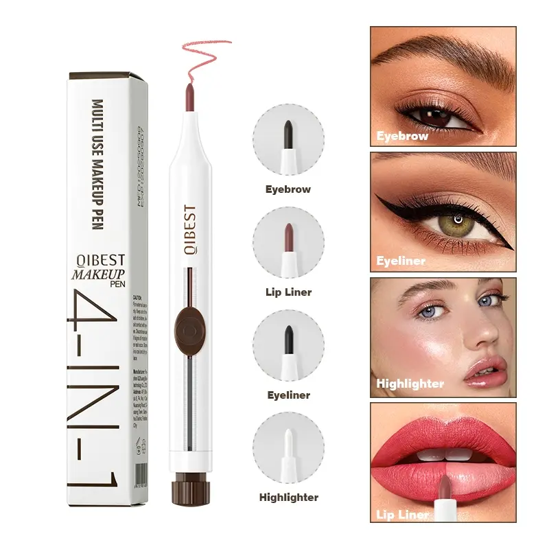 4-in-1 eyebrow pencil & lipliner & eyeliner & highlighter, easy to apply, silky texture without clumping, portable multi-function rotating makeup brush