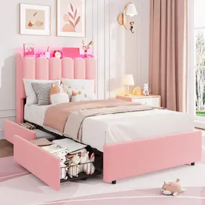 LED Twin Size Bed Frame with Storage Headboard, Kids Bed Frame with 2 Drawers, Boucle Upholstered Platform Bed for Girls, Chic Wavy Headboard with Bookcase, No Box Spring Needed, Pink