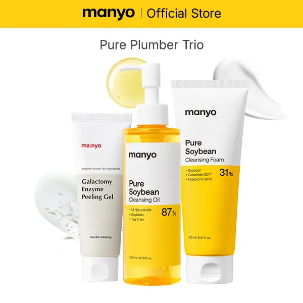 [manyo] Pore Plumber Trio (Galactomy Enzyme Peeling Gel 75ml + Pure Cleansing Oil 200ml + Pure Soybean Cleansing Foam 160ml) 3-Step Double Cleansing Set for Face, Dead Skin & Blackhead Remover, Korean Skin Care