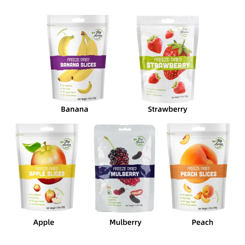 BIG GREEN Freeze-Dried Fruit Variety Pack – Strawberry + Banana + Peach + Apple + Mulberry | 20g × 5 | 100% Natural Dried Fruit | 0 Sugar, 0 Additives -  Healthy & Delicious, Mouthwatering Nutrition, Gluten-Free, Vegan, 20g Pack