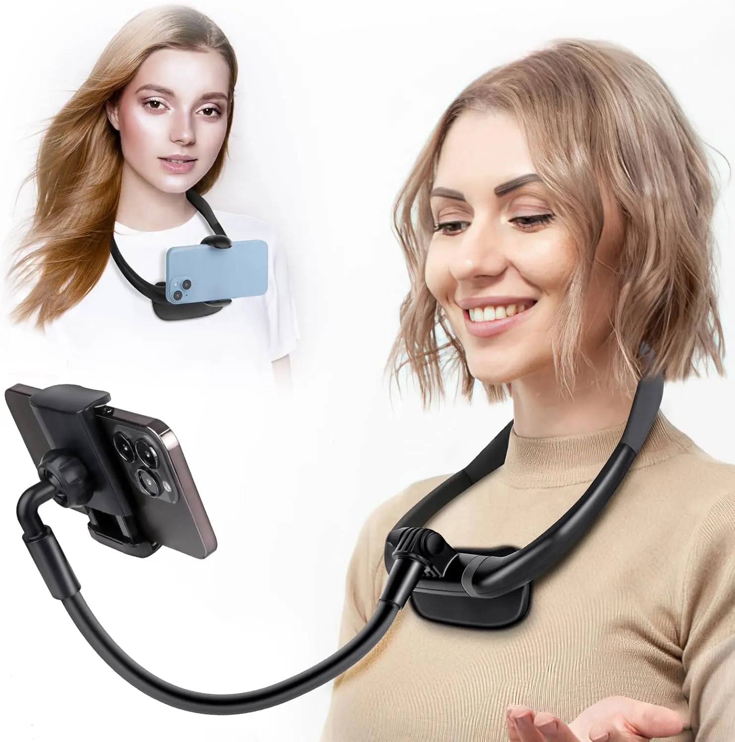 Neck Phone Holder – 16” Flexible Gooseneck, Magnetic Lock, Hands-Free Stand for Bed, Desk & Travel, Fits 4–7” Phones | Live Streaming & Vlogging Mount Cellphone Smartphone Grip Black US Silicone Adjustable Selfie Stick Stabilizer Multifunctional Selfie