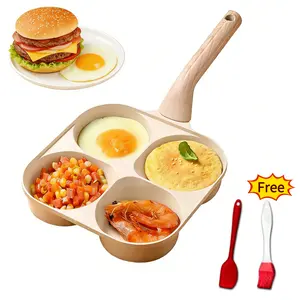 Non-stick Egg Frying Pan, 4 Holes Skillet With Handle,Multifunctional, Wooden Handle Medical Stone Omelet Non-stick Cookware frying pan Non-Stick