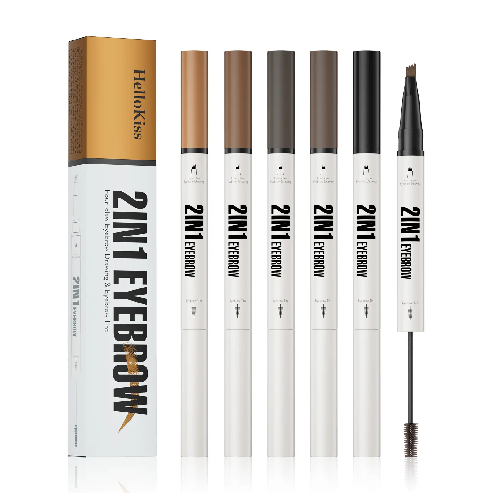 HelloKiss 2-in-1 Dual-Ended Eyebrow Pen - 4-Fork Tip Liquid Brow Pen & Tinted Brow Gel, Waterproof, Smudge-Proof, 24H Long-Lasting, Natural Hair-Like Strokes Eyebrow Makeup for Beginners