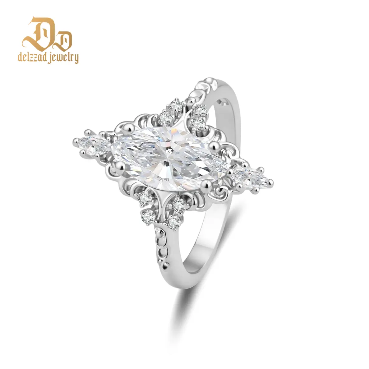 Delzzad 14K Gold-Plated 2.3ct The Versailles Marquise Ring Whispering Scrolls Band Ring VVS Synthetic Moissanite Ring Jewelry Perfect Birthday Engagement Wedding Anniversary Christmas Valentine's Day Mother's Day Gift