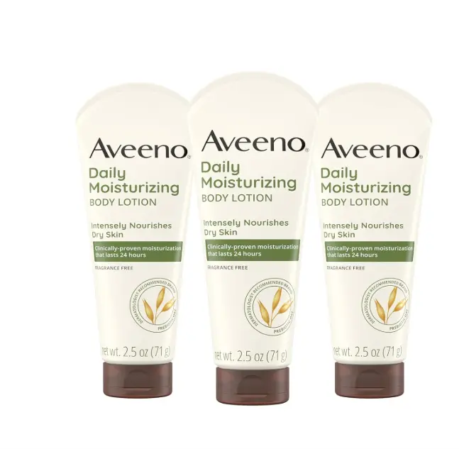 Aveeno Daily Moisturizing Body Lotion, Gentle Lotion Nourishes Dry Skin with Moisture, Sooth-ing Prebiotic Oat, Fragrance-Free, Non-Comedogenic, Travel-Size, 2.5 fl. oz, 3 Pack