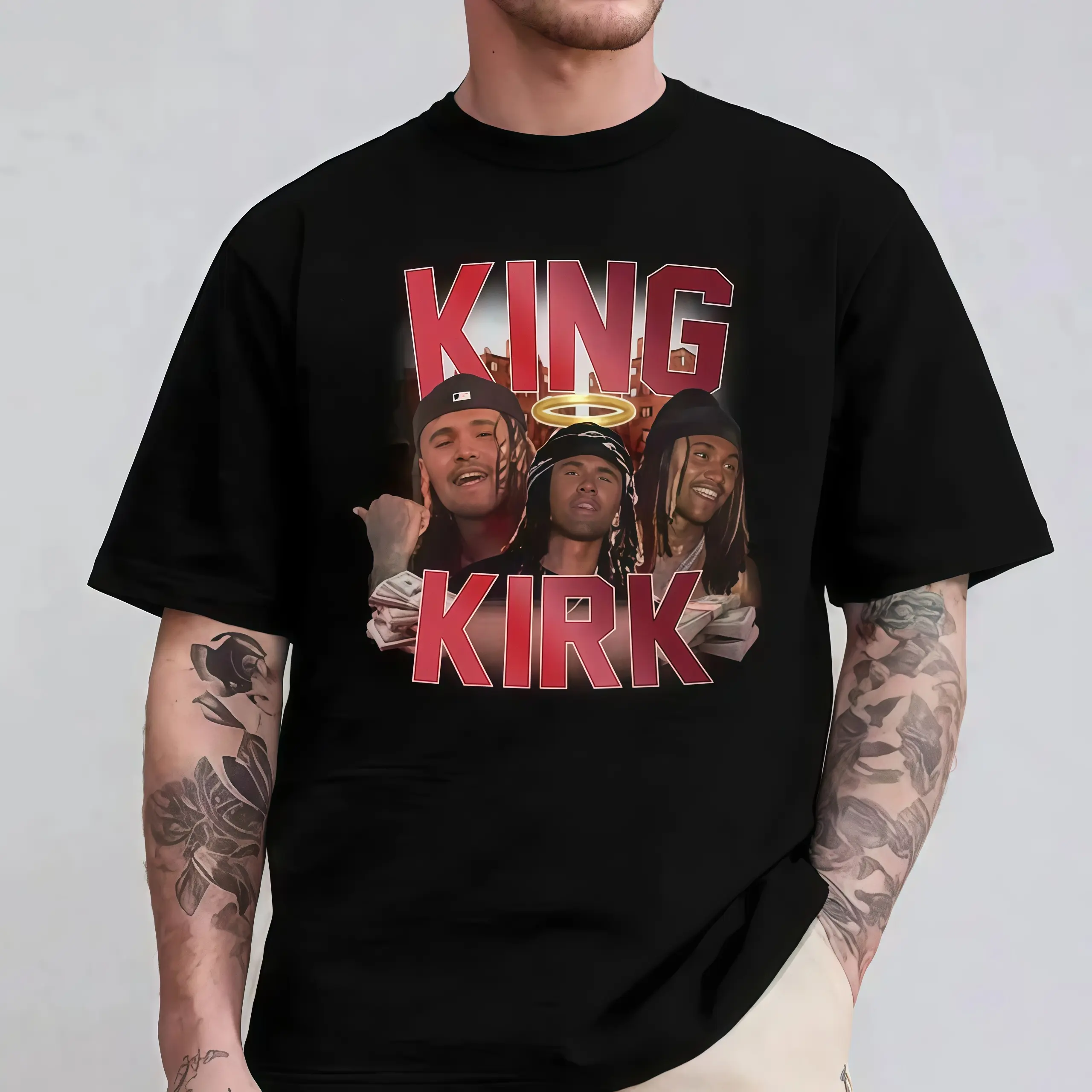 Men's King Kirk Character-Inspired Smooth Cotton Short-Sleeve Round Neck T-Shirt - Aesthetic, Distressed Vintage Washed, Simple Jeans Compatible, Kirkify Meme Graphic, 90s Retro Vibe, Viral TikTok Gift, Feminist Oversized Top