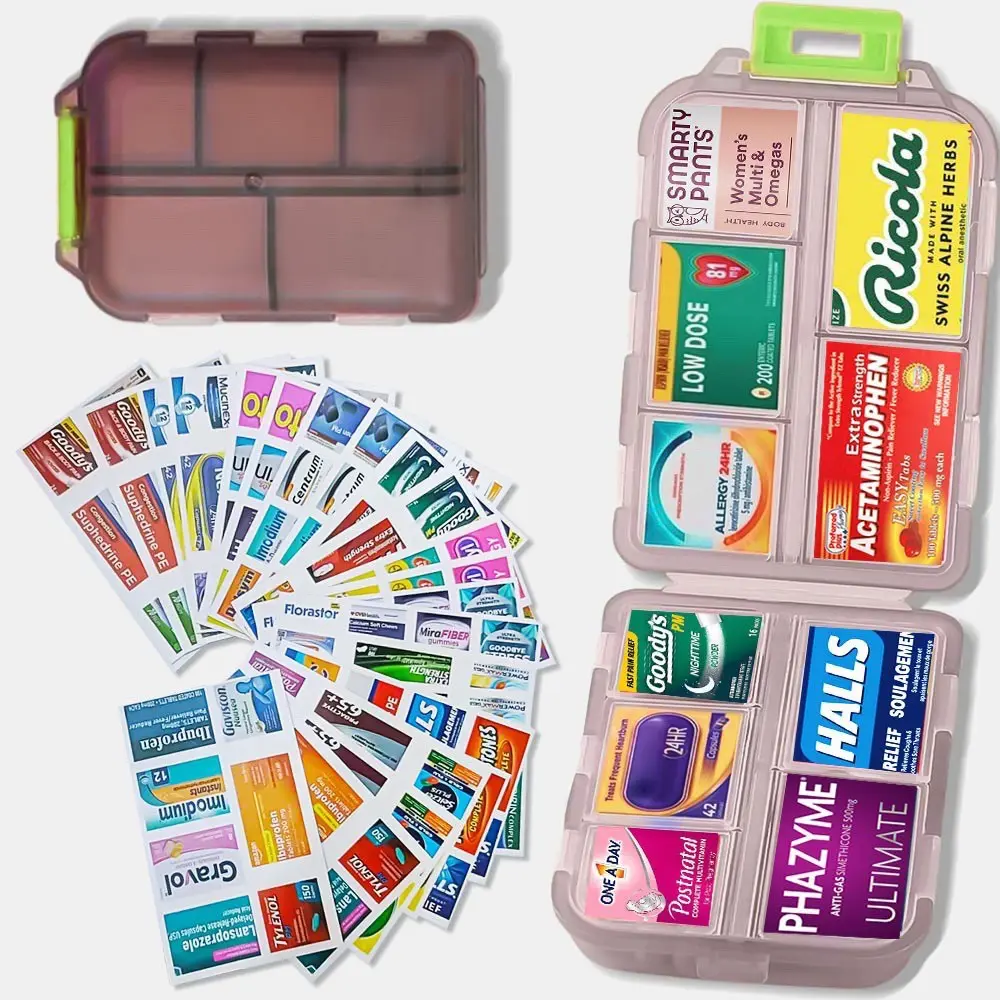 10-Compartment Reusable Lightweight Adult Travel Pill Organizer - Healthcare Travel Stuff, Portable Vitamin Dispenser with 300+ Label Stickers, Storage Pouch for Daily Medication