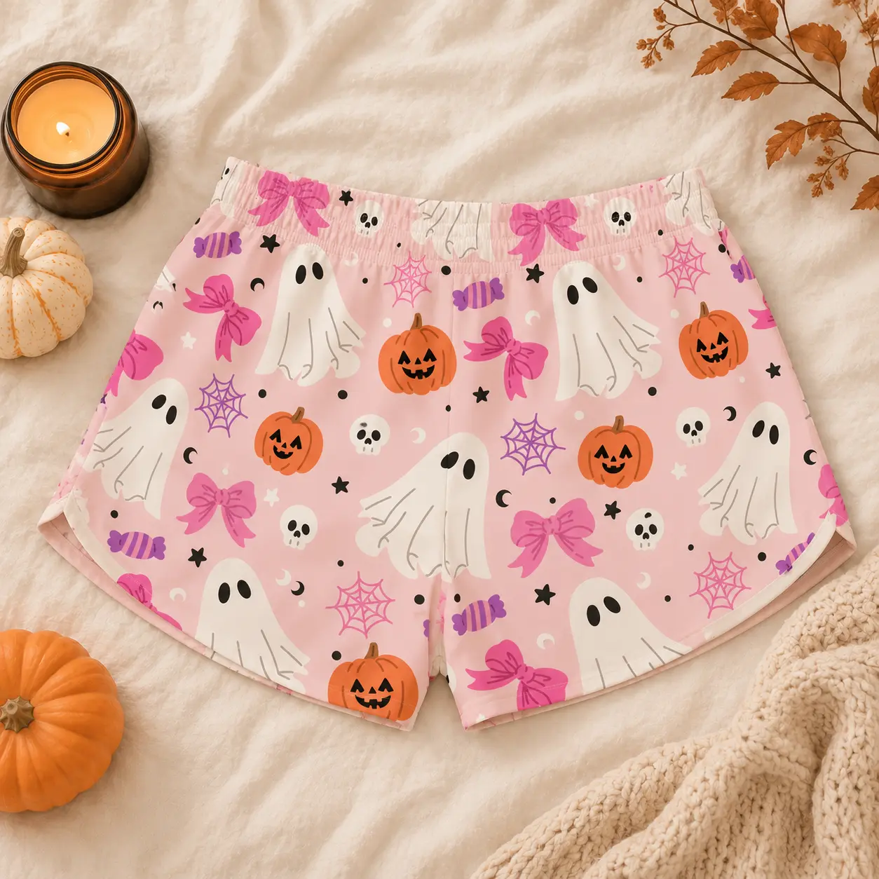 Women's Cute Halloween Pink Coquette Pumpkin Inspired Shorts, Spooky Pumpkin Lounge Shorts, Summerween Spider Pumpkin Pattern shorts