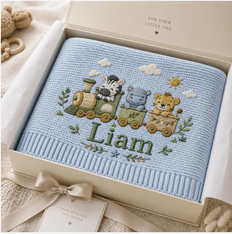 [Made-to-Order]     	 Personalized Baby Blanket with Name | Embroidered Safari Animal Train | Custom Lion Hippo Zebra Knit Blanket | Newborn Gift | Safari Nursery