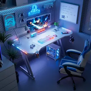 47 Inch Gaming Desk with LED Lights, Large RGB Computer Gaming Desk Table with Cup Holder Headphone Hook Mouse Pad, Ergonomic Modern Carbon Fiber Mesa Gamer Pc Work Home Office Desks, Black