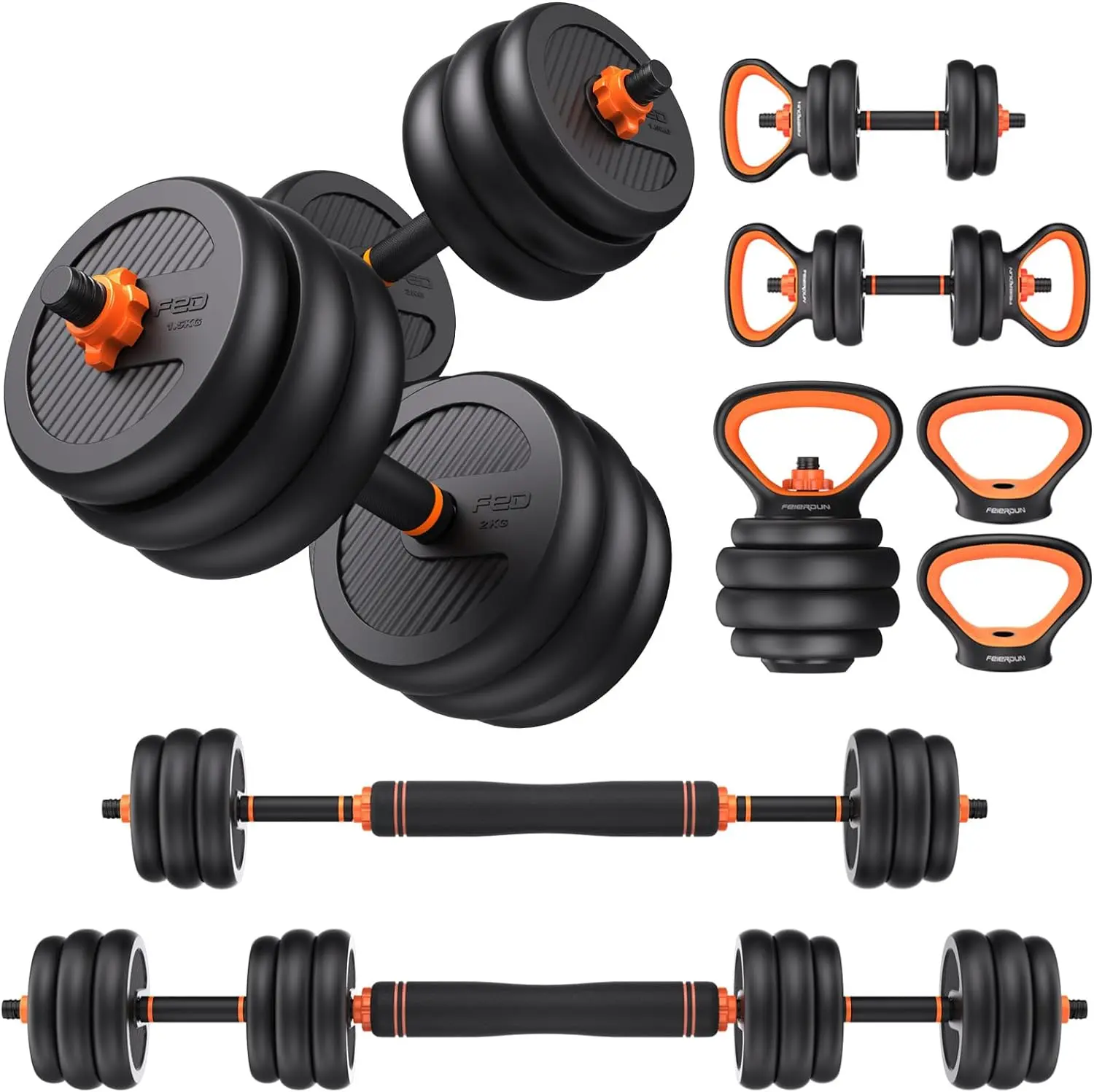 FED Fitness Feierdun Series DS2 Dumbbell Set 20/45/70/90lbs, 5-in-1 Free Weights with Connector, Convert to Barbell/Kettlebell/Push-Up Stand, Home Gym Equipment for Men & Women