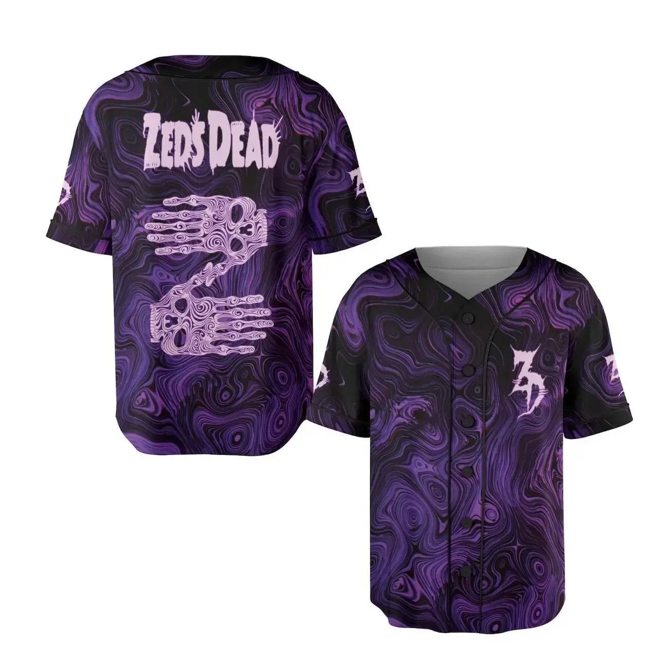 Men’s Purple Swirl Baseball Jersey with Skeleton Hands and Spooky Vibes Made in USA