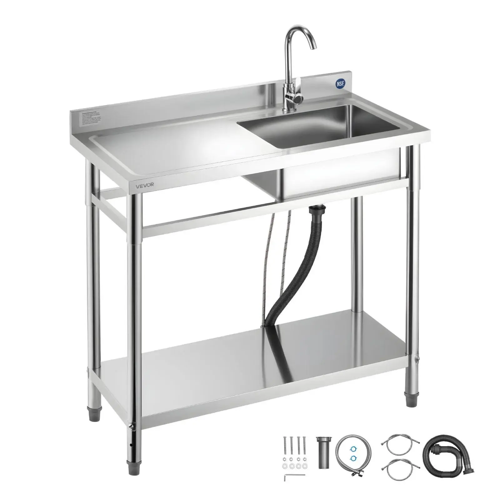 【SummerFinds】VEVOR Stainless Steel Utility Sink, Free Standing Single Bowl Commercial Kitchen Sink with Faucet, 39.4 x 19.7 x 37 in, Utility Left Basin with Hot & Cold Water Pipe for Garage, Restaurant, Laundry
