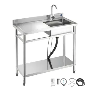 VEVOR Stainless Steel Utility Sink, Free Standing Single Bowl Commercial Kitchen Sink with Faucet, 39.4 x 19.7 x 37 in, Utility Left Basin with Hot & Cold Water Pipe for Garage, Restaurant, Laundry