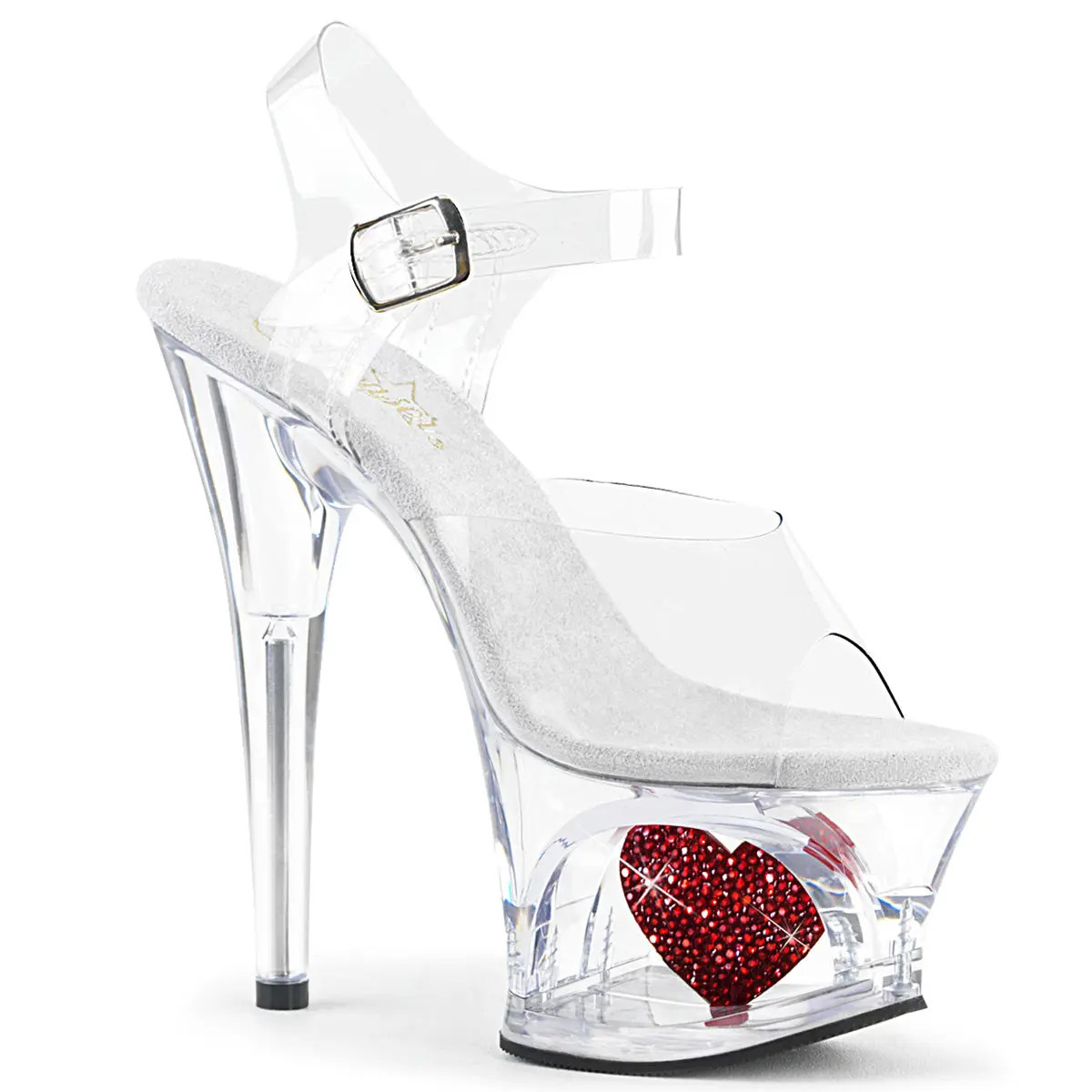Women's Statement Platform Sandals, Ankle Strap High Heels with a 7" Heel and Rhinestone Heart in the 2 3/4" Cut-Out Platform, Classy Sandals, Statement Shoes