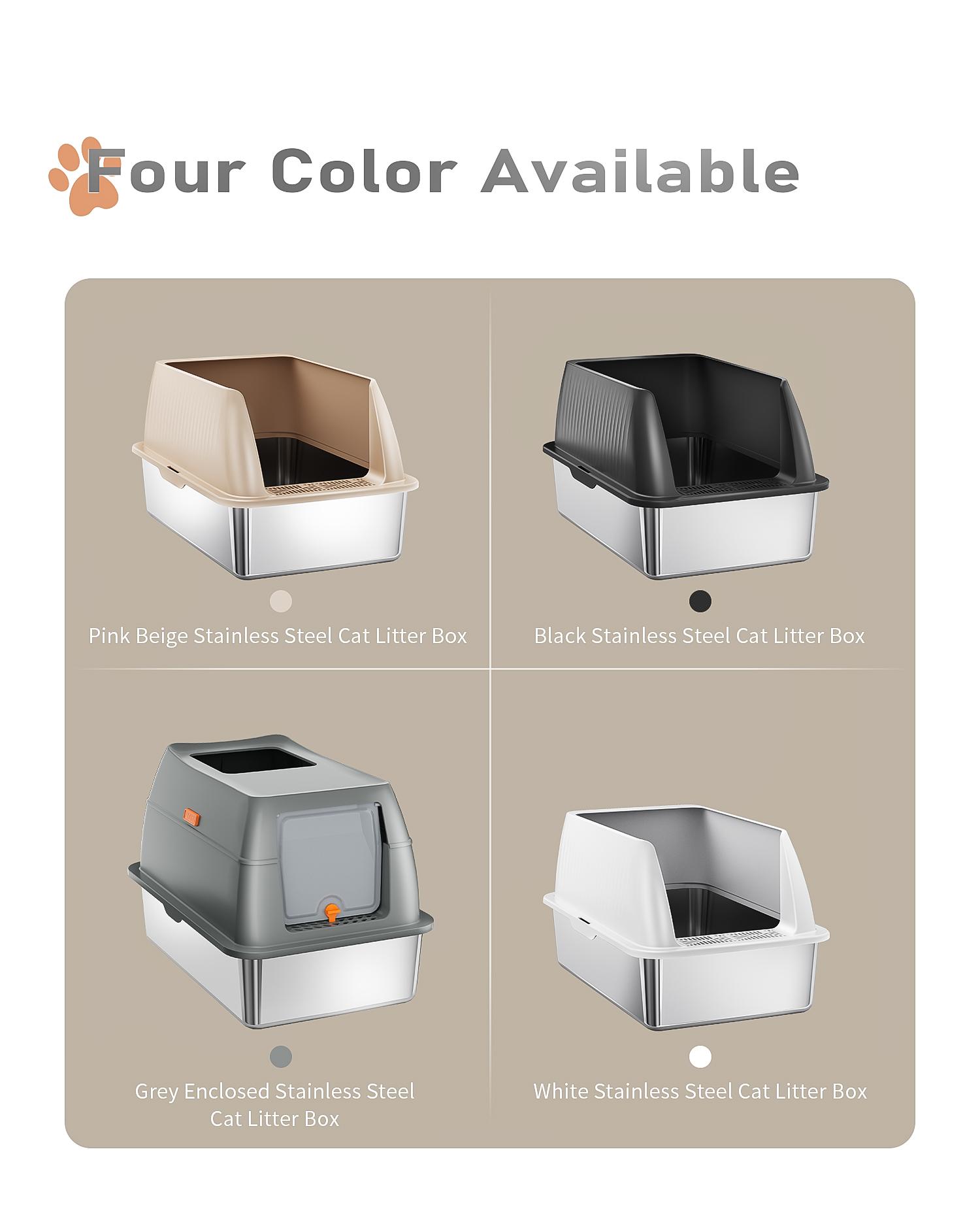 Petterm Stainless Steel Cat Litter Box with Scoop & Mat, Large Semi or Fully Enclosed Design, High-Side Enclosure, Non-Sticky, Anti-Leak, High-Walled