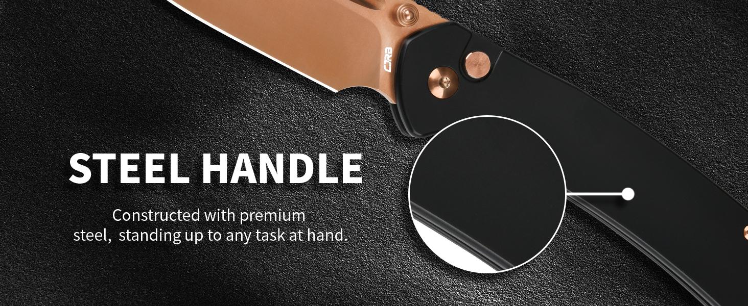 CJRB Bowie Pyrite Pocket Tool Knife, EDC Knife with 3.15'' AR-RPM9 Steel, Hunting Knife with Steel Handle for Camping and Emergency Survival Gear