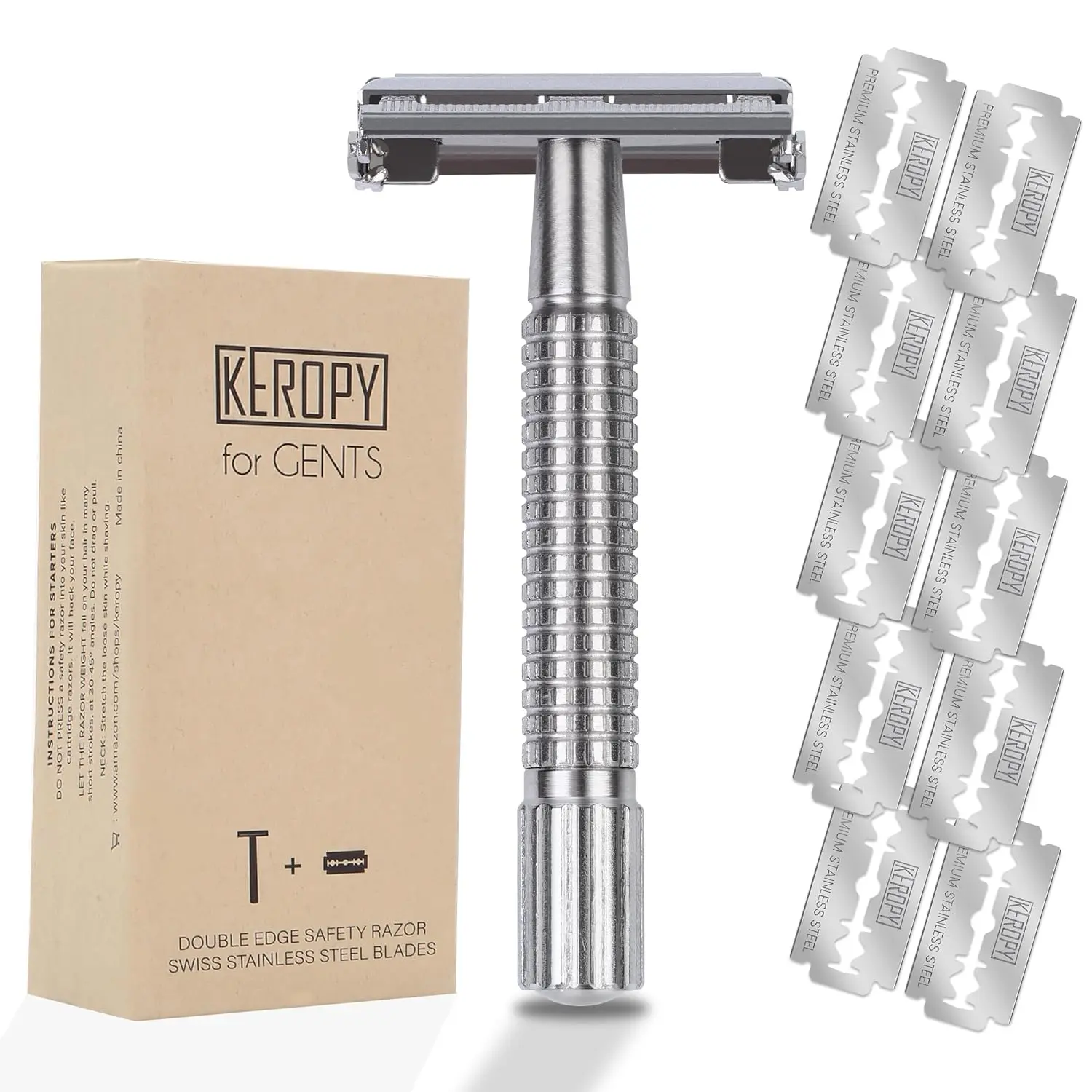 [Keropy] DE Safety Razor, With 10 Premium Stainless Steel Blades Refill, Butterfly Metal,Reusable, Smooth Wet Shaving Experience, Eco-Friendly