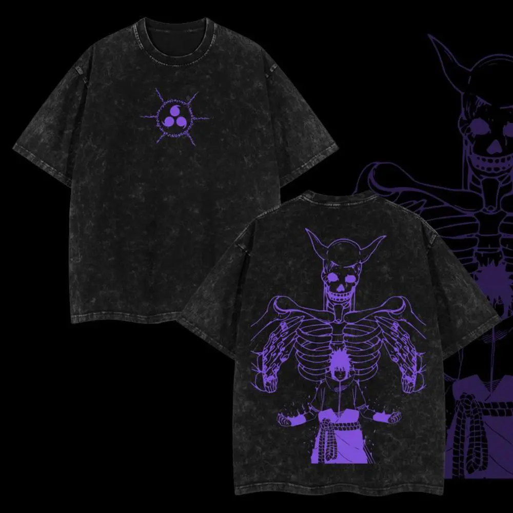 Uchiha Sasuke x Susano Naruto Edition Double Printed Oversize Lightweight Acid Washed Shortleeve Cotton T-Shirt, Dark Vintage Anime Design Streetwear Top, Unisex Valentine's Day Gift, Shortsleeve, Valentines Day, Graphic