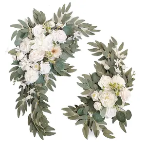 Wedding Arch Faux Flowers Set of 2 Wedding Welcome Sign for Wedding Decor Ceremony and Reception Backdrop Decoration (White)
