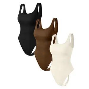 OYV Womenswear 3 Piece Bodysuits Stretchy Underwear Sexy Ribbed Square Neck Sleeveless Stretchy Tank Tops Bodysuits Soft Lady